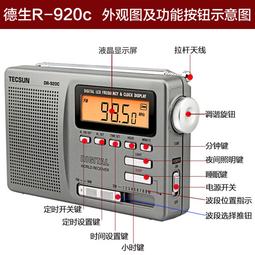 Tecsun DR-920C portable radio, full-band digital display for the elderly, clock control, English level 4 and 6 college entrance examination, silver gray + power adapter