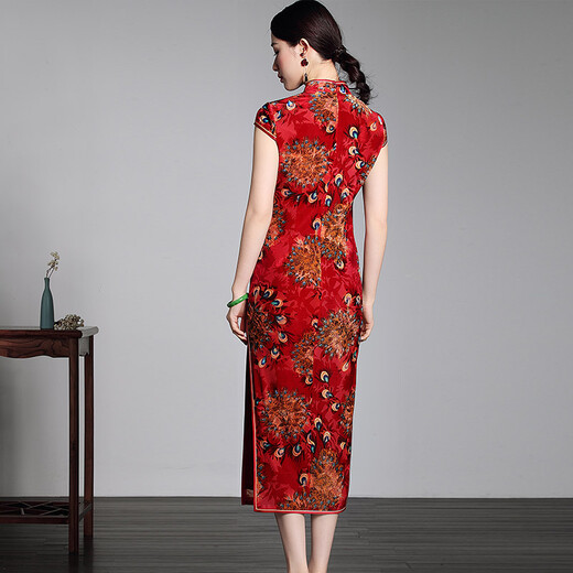 Xiyue new summer style traditional long drop collar slim fit velvet burnout velvet banquet cheongsam dress for women New Year blue L (weight 105~115)