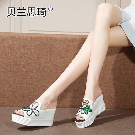 Belan Siqi Summer Cow Wide Flowers, zapatillas de tacón de suela gruesa, sandalias de tacón alto, plataforma impermeable Bots de pescado zapatos para mujeres 7L753 White 35