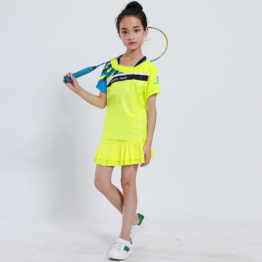 速干儿童羽毛球服套装男童女童短袖夏季中小学生乒乓球服网球服训练服团队运动服比赛队服跑步衣短裤团购印字 童装3880荧光绿(配绿裙裤) XS码