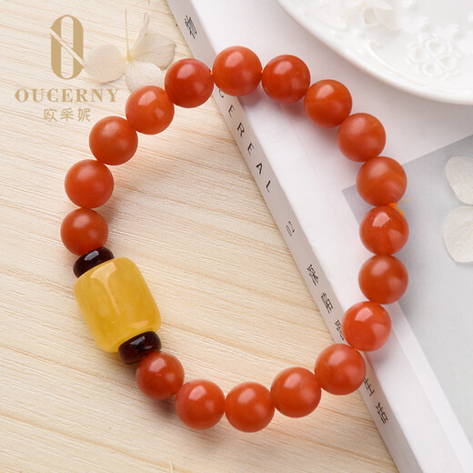 Ouchini Yunnan Natural Baoshan Nanhong Beeswax Bracelet Single Circle Amber Bucket Bead Bracelet Persimmon Red Full Flesh Women's Style