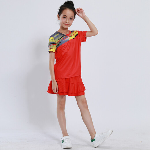
Quick-drying children's badminton suits for boys and girls short-sleeved summer primary and secondary school students table tennis uniforms training uniforms team sportswear competition team uniforms running clothes shorts group purchase printing children's clothing 3879 red (with red skirts and pants) S size