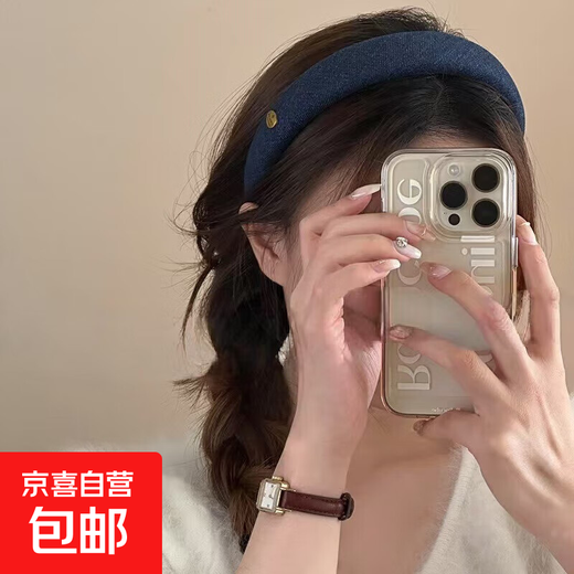 Korean style denim blue metal label headband for women 2025 new style high skull temperament headband simple and versatile wide-brimmed headwear denim dark color