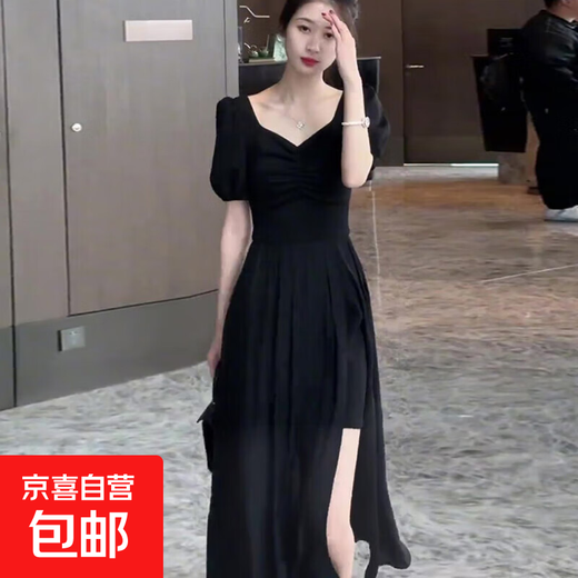
Black Hepburn style French square collar puff sleeve dress for women 2025 summer new style temperament waist-hugging 1478 black 2XL [130-145Jin [Jin equals 0.5 kg]]