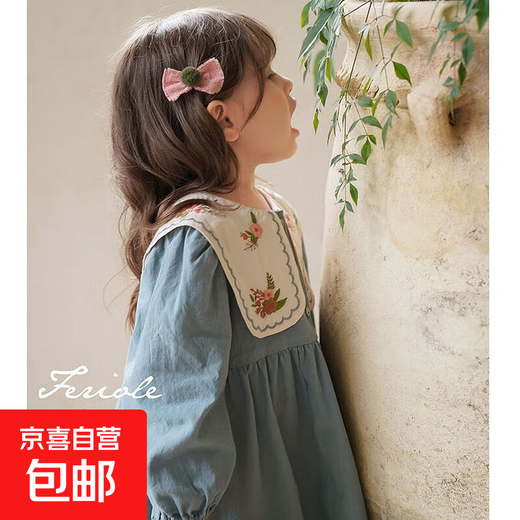 Girls embroidered large lapel embroidered sweet forest princess dress Korean version spring and autumn new fashion fashionable dress blue 90