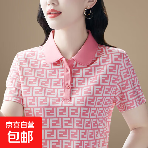 洋气妈妈翻领短袖t恤女士夏季2024新款宽松显瘦POLO衫女印花上衣 829-粉色 829-粉色 M 【建议85-100斤】