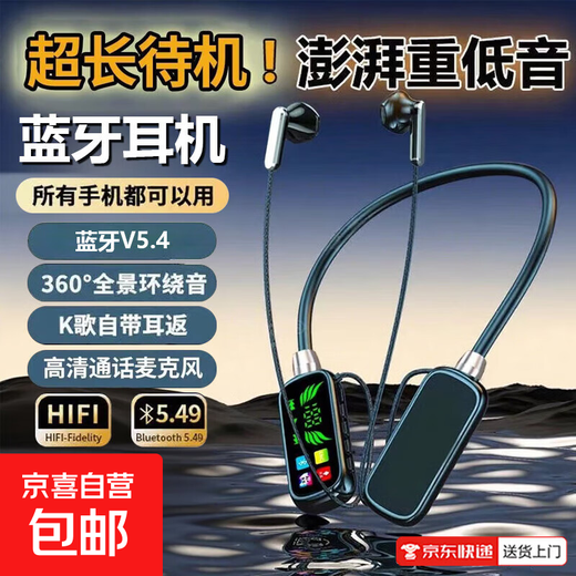 Hanging neck style Bluetooth 5.4 headphones, sports, ultra-long battery life, passive noise reduction, built-in digital display, noise reduction, sports NZ-02, black - top version - Bluetooth 5.4 + no sense of delay