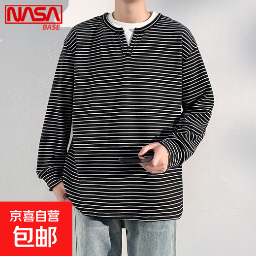 NASA BASE fake two-piece sweatshirt autumn and winter long-sleeved T-shirt for men 2025 new American student trendy brand V-neck Henry shirt bottoming shirt black M
