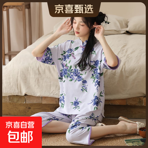 2025年新款睡衣女夏天短袖套装国风针织棉七分裤休闲家居服可外穿 9902 M 【80-100斤】