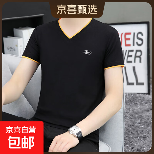 奥戴尔纯棉短袖t恤男士夏季薄款V领修身体恤潮流半袖上衣男韩版WF QY691黑色 纯棉T恤 M 建议90-110斤