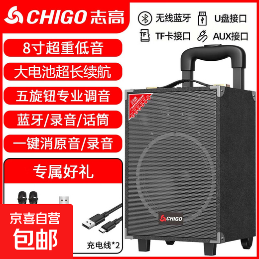 CHIGO Trolley Square Dance Audio Outdoor Karaoke Bluetooth Speaker Special Large Volume Mobile Stage High-Power Stall Heavy Bass High-end Home Mobile Portable Amplifier 8-inch Wooden Box (15-inch Combination Speaker) + Dual Charging Microphones + U Disk