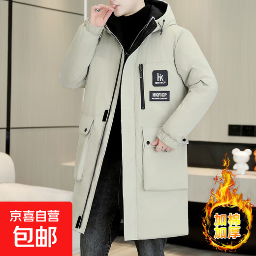 Men's mid-length cotton coat, new winter thickened and velvet down cotton coat, warm cotton jacket, winter trendy 10612-F190 beige gray 2XL about 145-160Jin Jin equals 0.5kg can be worn