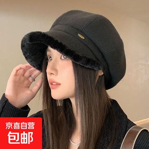 Ins thickened beret autumn and winter warm plus velvet octagonal painter hat versatile duck hat for women spring and autumn hot style velvet octagonal painter hat black one size