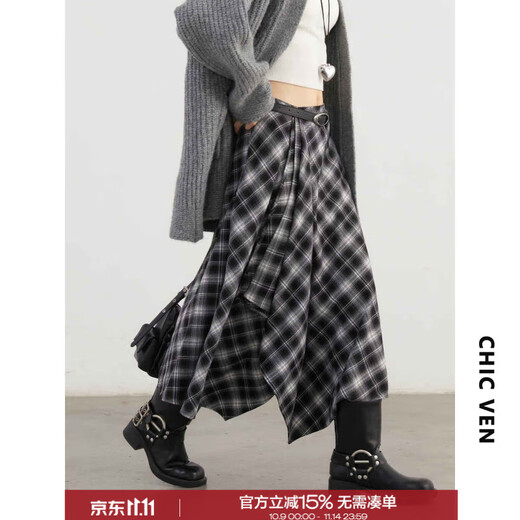 CHIC VEN 2025 new winter design high waist irregular contrasting plaid brushed skirt long skirt for women chicven black M