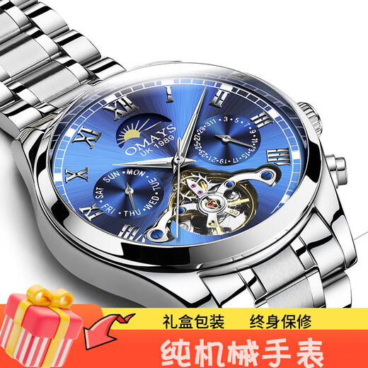 European and American watches men's mechanical watch Swiss certified fully automatic hollow flywheel men's watch waterproof luminous multi-function watch natural blue face - famous craftsman