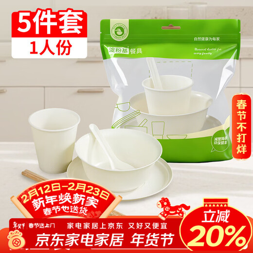 Youao disposable tableware set 5-piece set for 1 person bowls, chopsticks, cups, spoons and plates biodegradable tableware New Year's no-wash dinner party
