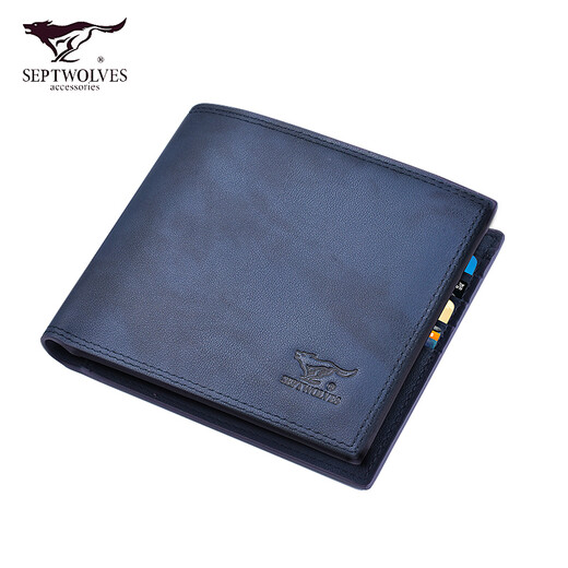 Sieben Wolfs Brieftasche Herren echtes Leder kurzer Geldbörse Herrenkopfschicht Cowide Jugend Horizontaler Geldbeutel 520 Geschenke für Freund Retro Dark Blue [Theke Geschenkbox]