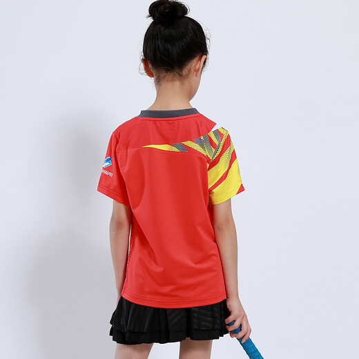Schnelltrocknende Kinderbadminton-Anzüge für Jungen und Mädchen kurzärmelige Sommer-Grund- und Sekundarschüler Tisch Tennis Uniformen Training Uniformen Team Sportswear-Wettbewerb Team Uniformen Running Clothers Shorts Group Drucken Kinderkleidung 3880 Rot (mit schwarzen Röcken und Hosen) XL Größe