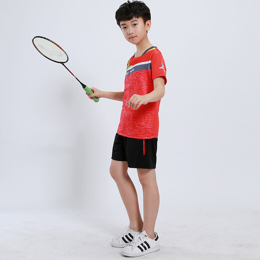 速干儿童羽毛球服套装男童女童短袖夏季中小学生乒乓球服网球服训练服团队运动服比赛队服跑步衣短裤团购印字 童装3880红色(男女同款) M码