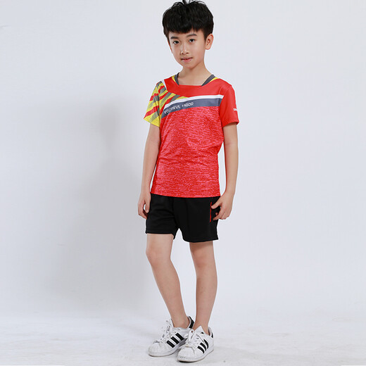 速干儿童羽毛球服套装男童女童短袖夏季中小学生乒乓球服网球服训练服团队运动服比赛队服跑步衣短裤团购印字 童装3880红色(男女同款) M码