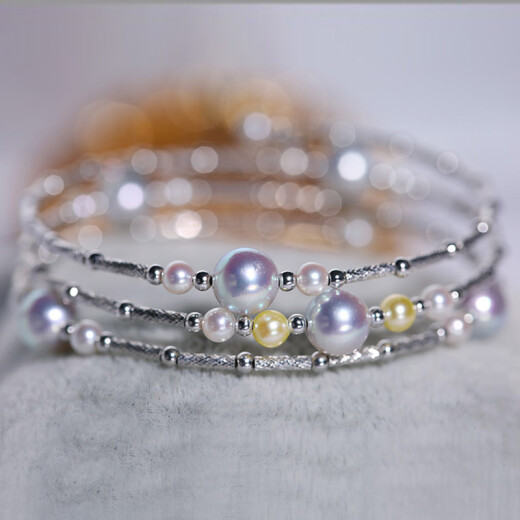 Haidi Jingyao Zhengyuan Akoya seawater pearl three-layer bracelet S925 silver silver gray 3-7mm