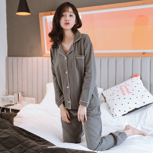 Pinkdackeb Couple Pajamas Women's Autumn and Winter Cotton Long-Sleeved Casual Loose Student Simple Men's Home Clothes Set Gray Female Size M (110-125Jin [Jin equals 0.5kg])