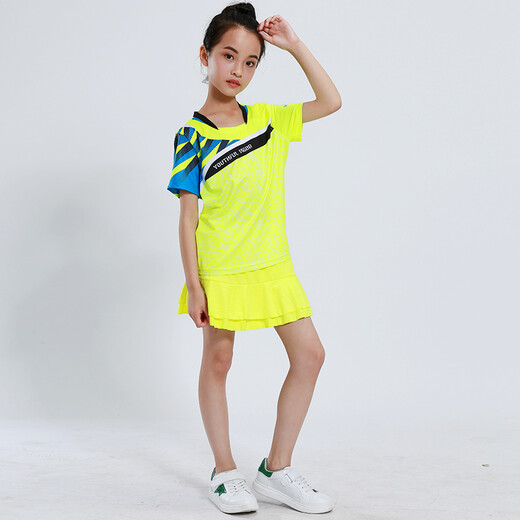 速干儿童羽毛球服套装男童女童短袖夏季中小学生乒乓球服网球服训练服团队运动服比赛队服跑步衣短裤团购印字 童装3880荧光绿(配绿裙裤) XS码