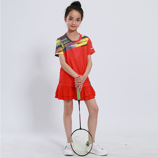 
Quick-drying children's badminton suits for boys and girls short-sleeved summer primary and secondary school students table tennis uniforms training uniforms team sportswear competition team uniforms running clothes shorts group purchase printing children's clothing 3879 red (with red skirts and pants) S size