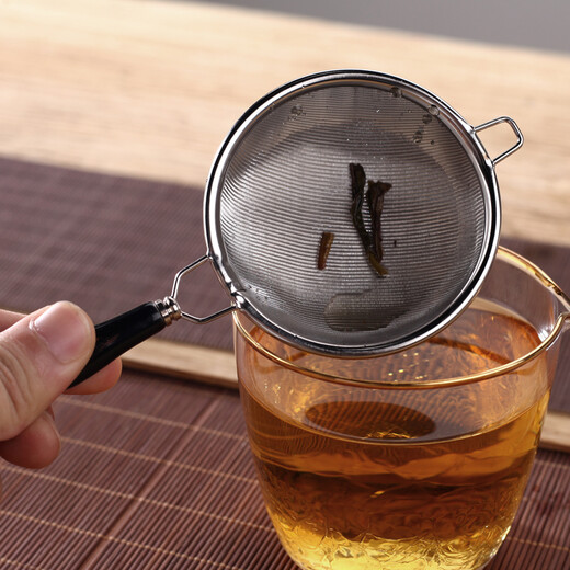 Jiutang Japanese-style stainless steel tea drain, tea filter, tea filter, handmade rattan tea drain, tea ceremony tea tray accessories, tea separator, large stainless steel tea drain with black handle (plus base)