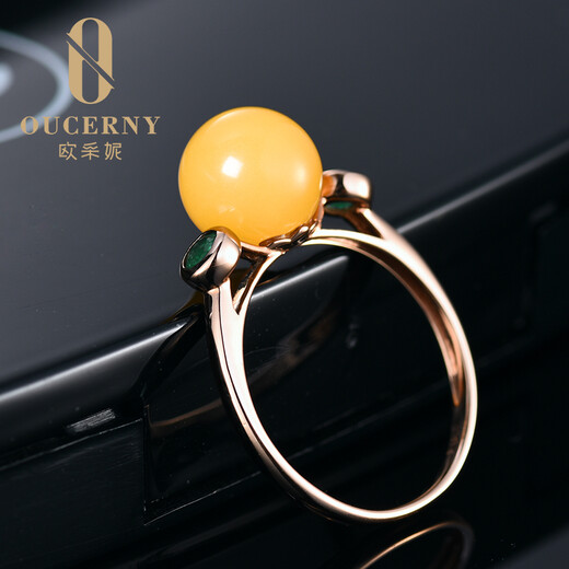 Ouchini beeswax ring, natural amber beeswax chicken fat yellow round beads inlaid with 18K gold and diamonds, women's hand jewelry (customized in 7-10 days)