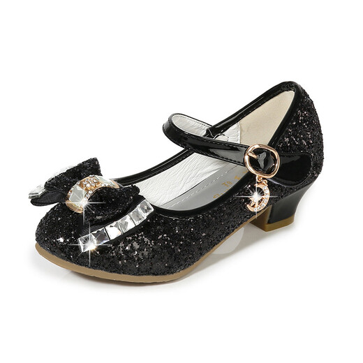Children's shoes, girls' leather shoes, black children's high heels, Elsa crystal shoes, spring and autumn, middle and older children's single shoes, bow sequined princess shoes, student dance shoes, 3-12 year old girls' shoes, black, size 37, inner length 22.7cm
