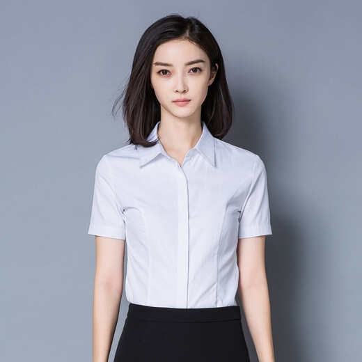瑧鸟夏季修身短袖女白衬衫大学生面试通勤职业正装暗扣衬衣687 白色 2XL
