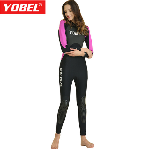 YOBEL couple one-piece wetsuit men's 3MM thickened wetsuit outdoor cold-proof warm long-sleeved jellyfish suit winter swimsuit black and rose red XL