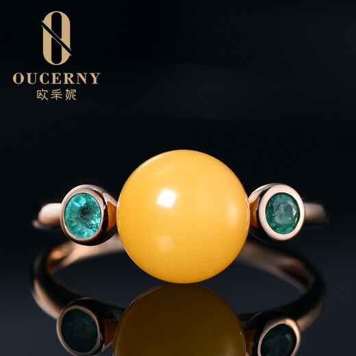 Ouchini beeswax ring, natural amber beeswax chicken fat yellow round beads inlaid with 18K gold and diamonds, women's hand jewelry (customized in 7-10 days)