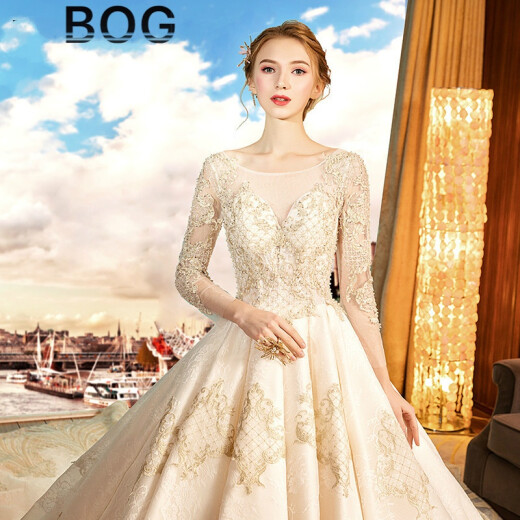 BOG Weiqi Hong Kong trendy brand wedding dress bride new product new winter European and American slim long tail palace Hepburn Douyin same embroidered champagne color wedding dress female dress floor-length XS