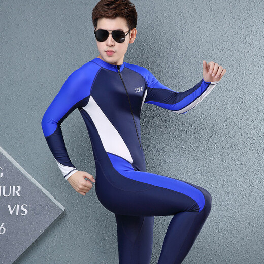 XUANHAI new diving suit for men and women, full body one-piece sun protection long-sleeved trousers skirt style slim snorkeling wetsuit, one-piece navy blue white edge men's XXL
