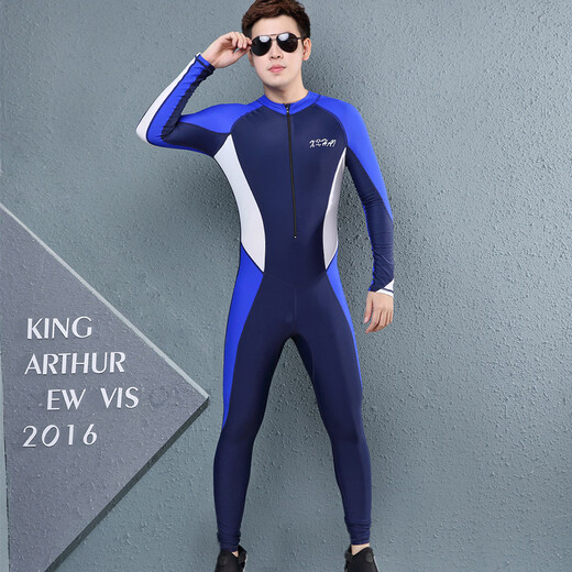 XUANHAI new diving suit for men and women, full body one-piece sun protection long-sleeved trousers skirt style slim snorkeling wetsuit, one-piece navy blue white edge men's XXL