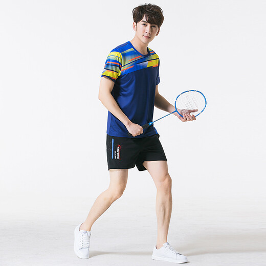 新品羽毛球服运动上衣男女款情侣装团队羽毛球队服短袖速干乒乓球服网球服薄款运动衣比赛服定制印字LOGO A3879宝蓝男上衣 M