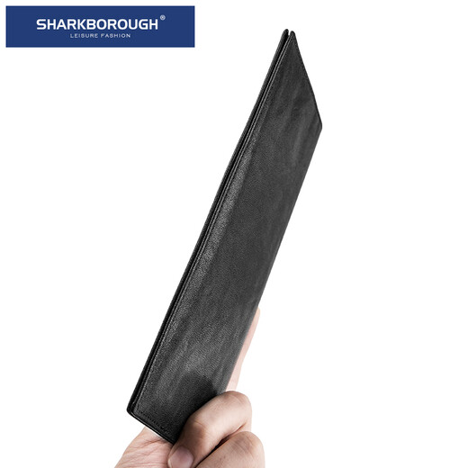 sharkborough真皮男士长款钱包男 夹头层植鞣休闲时尚牛皮钱包薄款防消磁 黑色【植鞣牛皮薄款】
