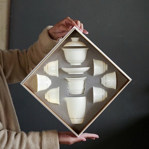 Su's Ceramic Tea Set Chinese White Porcelain Hand-painted Gold Sancai Gaiwan Kung Fu Tea Set Gift Box Set J0260