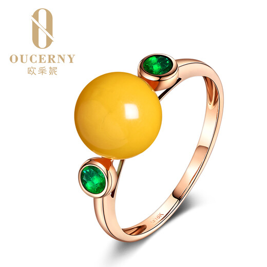 Ouchini beeswax ring, natural amber beeswax chicken fat yellow round beads inlaid with 18K gold and diamonds, women's hand jewelry (customized in 7-10 days)