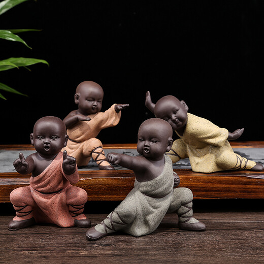 Xiangye Fine Colored Sand Pottery Purple Clay Little Monk Novice Kung Fu Boy Tea Pet Creative Home Decoration Ornament Kung Fu Boy Complete Set of 4