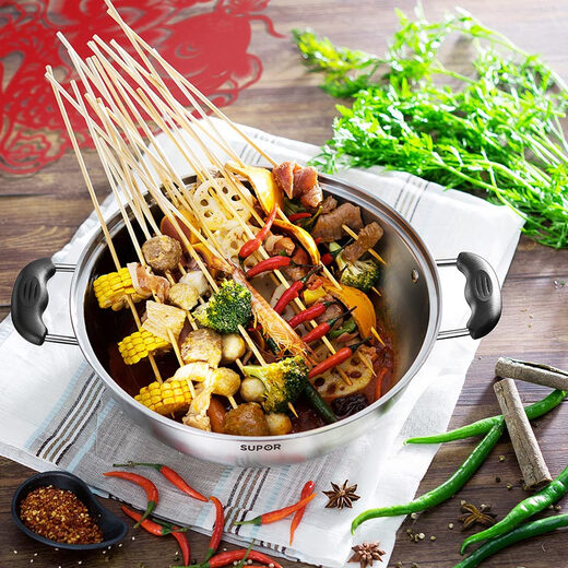 SUPOR hot pot pot 304 stainless steel large capacity household soup pot double bottom large pot shabu shabu gas induction cooker universal without separation diameter 30cm