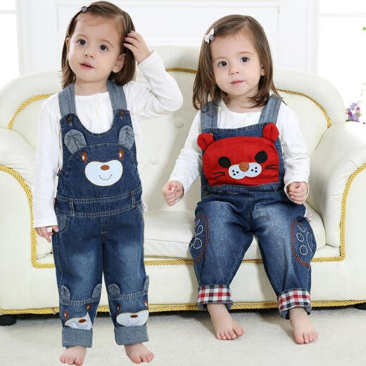 Baby overalls spring and autumn style children's denim overalls spring and autumn overalls for boys and girls toddlers 1-2-3 years old trendy naughty monkey 100cm (recommended height 85-93cm for size 100)