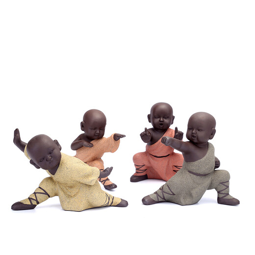Xiangye Fine Colored Sand Pottery Purple Clay Little Monk Novice Kung Fu Boy Tea Pet Creative Home Decoration Ornament Kung Fu Boy Complete Set of 4