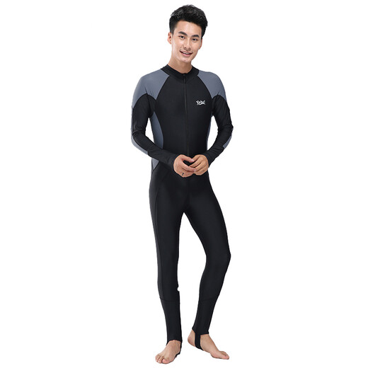 Zailu men's wetsuit thin swimsuit plus size snorkeling wetsuit for teenagers sun protection surfing long-sleeved one-piece swimsuit black gray + large frame swimming goggles XL XL one size fits all