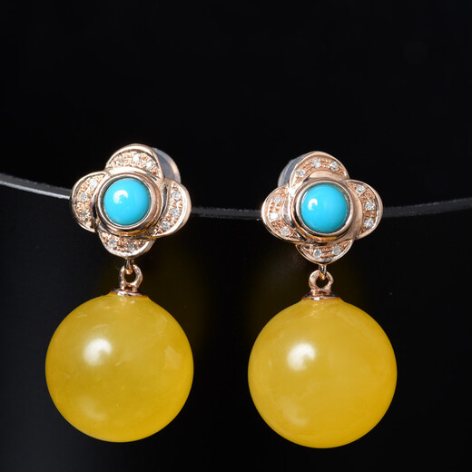 Ou Ceni natural amber earrings, 18k gold inlaid flower chicken fat yellow beeswax earrings, full honey round bead earrings for women, 18K rose gold (ready for shipment)