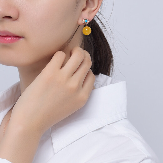 Ou Ceni natural amber earrings, 18k gold inlaid flower chicken fat yellow beeswax earrings, full honey round bead earrings for women, 18K rose gold (ready for shipment)