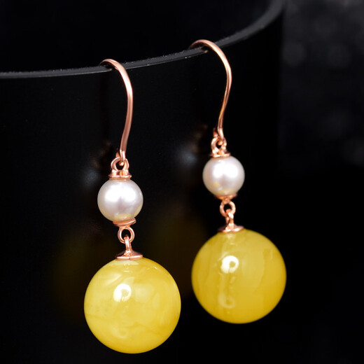 Ouchini natural amber earrings, 18k gold inlaid chicken fat yellow beeswax earrings, full honey round bead earrings for women, 18K rose gold-customized version (takes 7-10 working days)