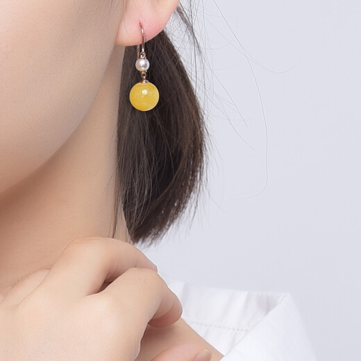 Ouchini natural amber earrings, 18k gold inlaid chicken fat yellow beeswax earrings, full honey round bead earrings for women, 18K rose gold-customized version (takes 7-10 working days)